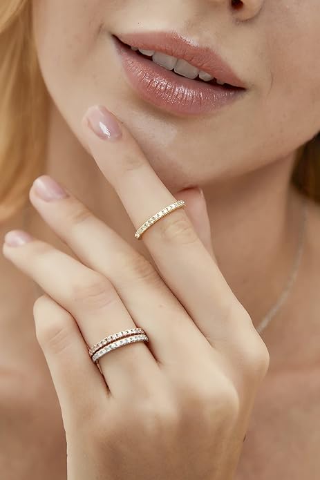 EAMTI 2mm Wedding Band Cubic Zirconia Half Eternity Stackable Brass Engagement Ring Size 3-13