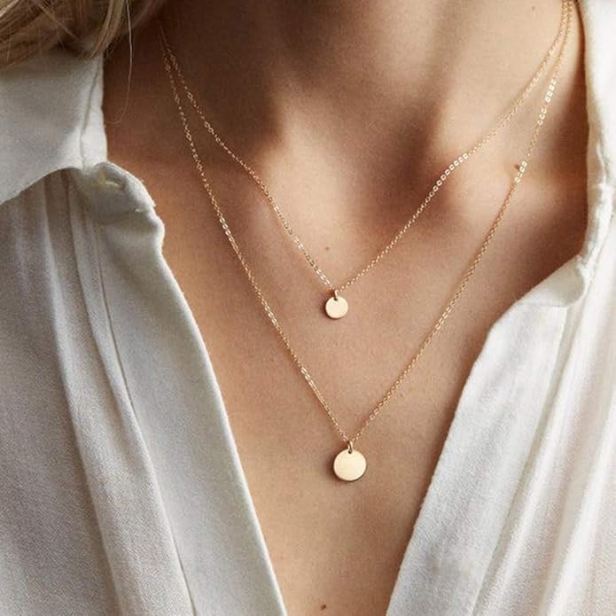 Turandoss Dainty Layered Choker Necklace, Handmade Y Pendant Necklace Multilayer Bar Disc Necklace Adjustable Layering Choker Necklaces for Women