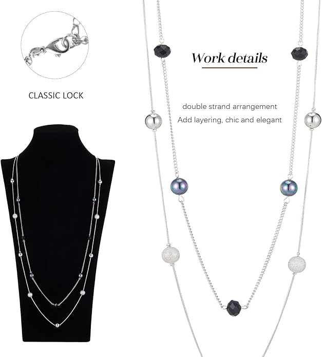 Silver Layered Long Necklace for Women Pearl Crystal Sweater Strand Chain Necklaces Fashion Gifts