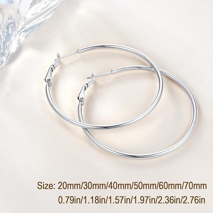 Jewlpire 14K Gold Plated 925 Sterling Sliver Post Hoop Earrings, 2MM Thick Hoop earrings Lightweight Large Hoop Earrings for Women Trendy 20/30/40/50/60/70mm