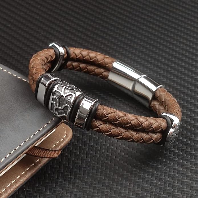 Mens Leather Bracelet Premium Leather Braided Bracelet Stainless Steel Jewelry Gift Accessories Men's Bracelet