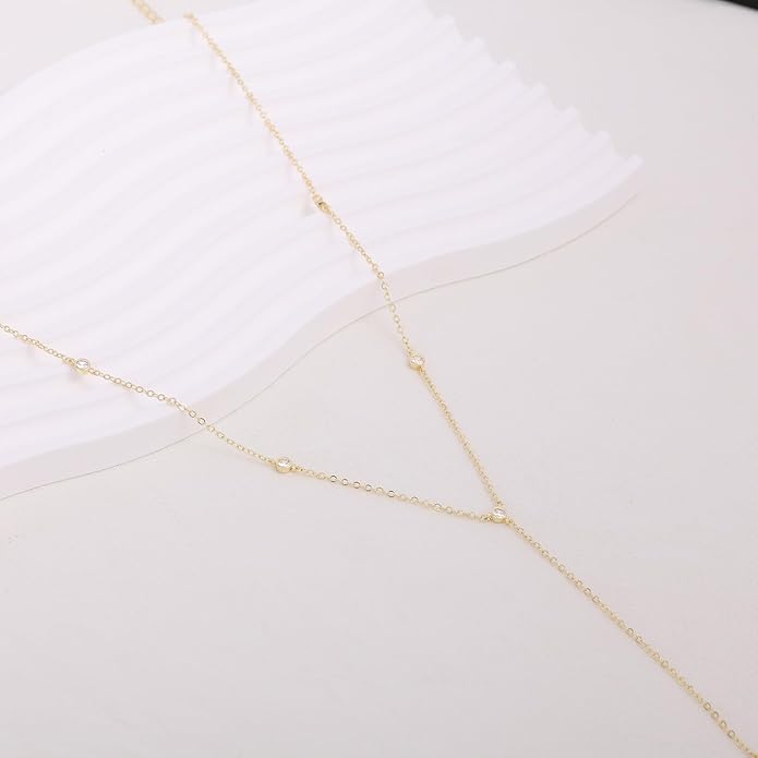 Lariat Necklace for Women, Dainty Long Necklaces, 14k Gold/Silver Plated Y-Shaped Drop Chain Necklace, Simple Layered Necklaces, Trendy Jewelry Gifts for Her