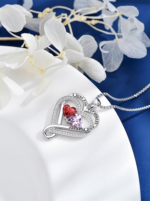 I Love You for Awlays and Forever Double Heart Necklace with Birthstone, 2 Birth Stone Jewelry Anniversary Valentines Mothers Day Christmas Birthday Gifts for Women Her Wife Girlfriend Mom Mother