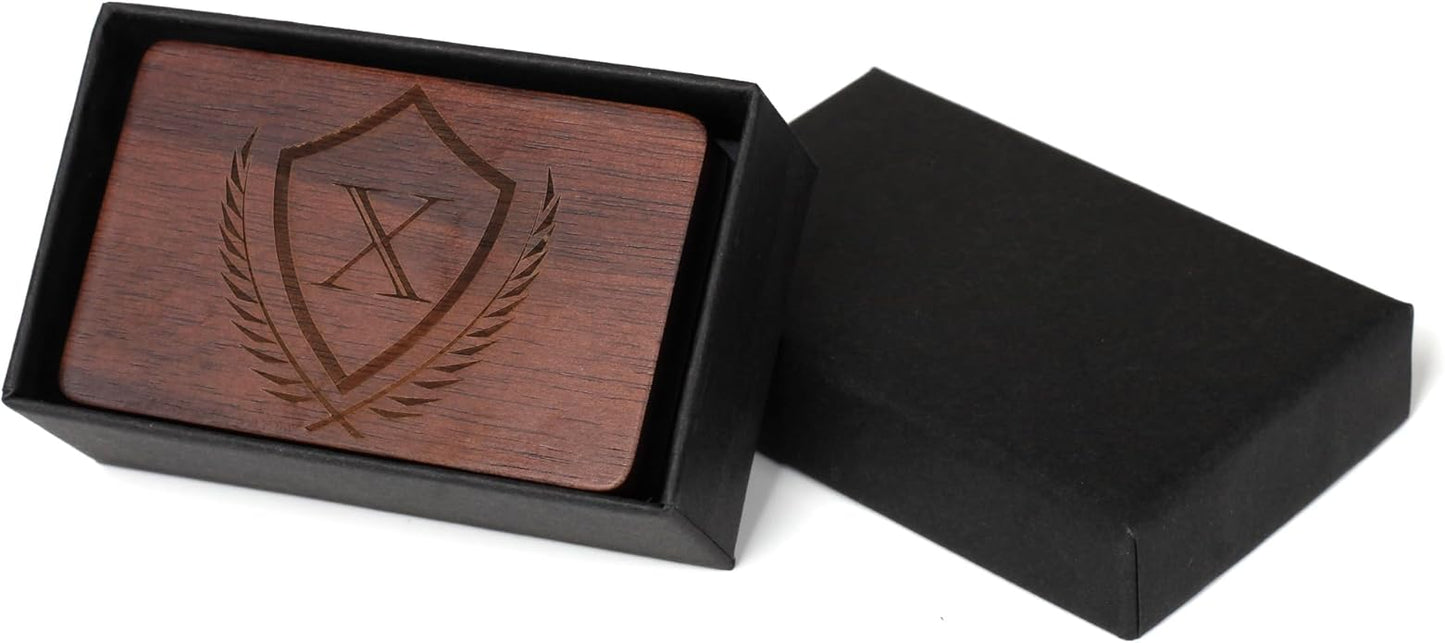 Mens Initial Cufflinks and Tie Clip A-Z Alphabet Letter Black Stainless Cuff Links Tie Bar with Engraved Walnut Wood Box Groom Groomsman Wedding Set