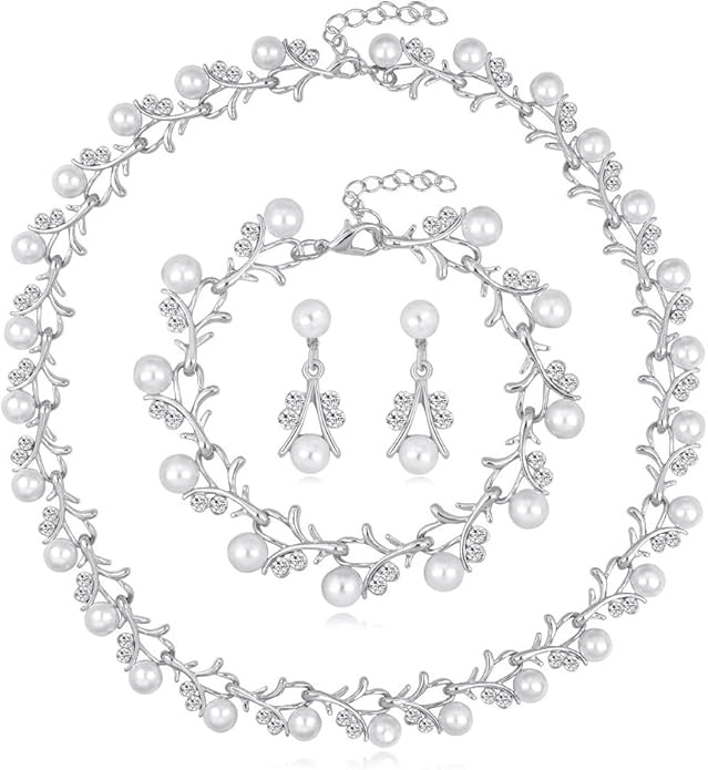 Rrdaily Rhinestone Pearl Wedding Jewelry Set for Bride Bridesmaid Bohemia Adjustable Beaded Crystal Bracelet Necklace Exaggerated Pearl Earring Set for Women