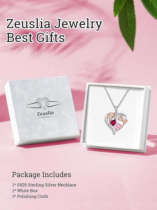Zeuslia Double Birthstone Necklace Gifts for Wife - 925 Sterling Silver Sunflower/Rose/Crown Cross/Compass/Heart Pendant I Love You Necklace, Anniversary Birthday Gifts for Wife Girlfriend Mom Her