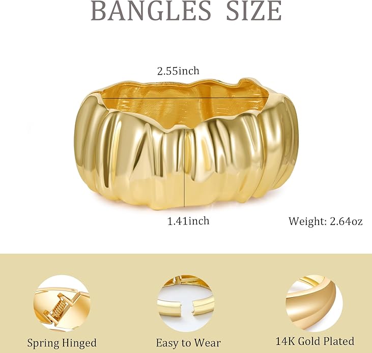 Bangle Bracelets for Women | 14K Gold Plated Trendy Wide Bracelets | Hinged Arm Cuff Bangles Chunky Bracelet for Women