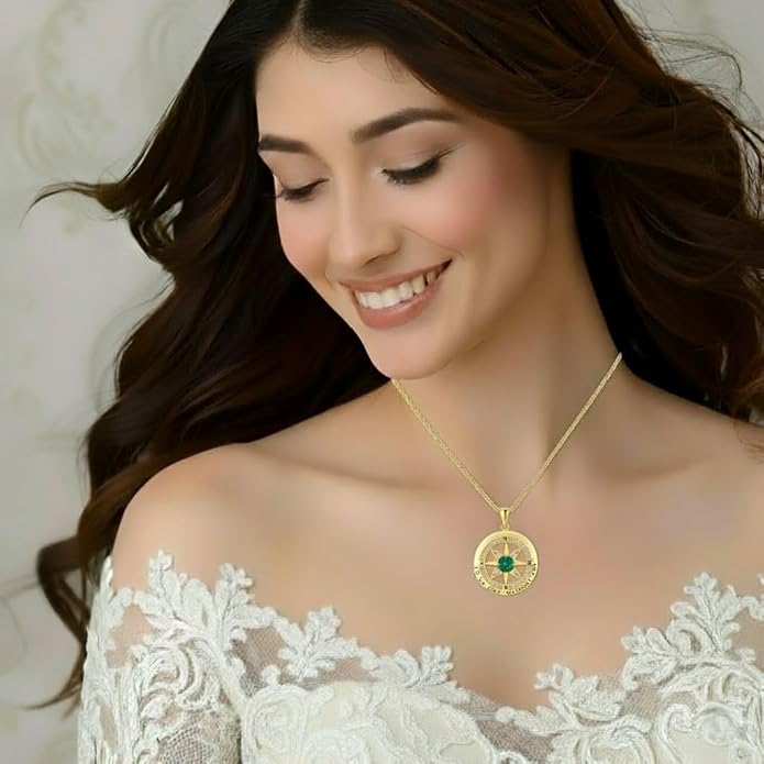 Compass Necklace for Women Wife Girlfriend Mom Daughter Gifts S925 Silver Jewelry For Anniversary Rose Gold Gifts For Birthday Christmas Mothers Valentines Day 12 Birthstones