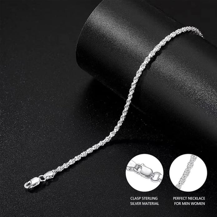 BRIJEWNES 925 Sterling Silver Clasp 2/2.5/3/4/5mm Silver Chain for Men Mens Necklace Rope Chain Necklace Diamond Cut Silver Mens Chain Necklace 16 18 20 22 24 26 28 30 Inches