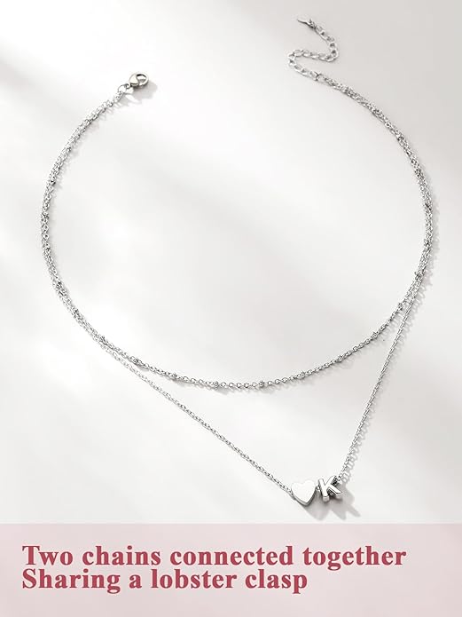 FOCALOOK Layered Initial Necklace for Women, 14K Gold Plated Choker Necklaces Stacks with Initial A-Z, Dainty Silver Heart Pendant Necklace Personalized Birthday Women Jewelry