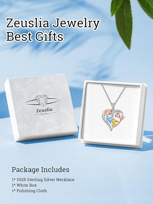 Zeuslia Double Birthstone Necklace Gifts for Wife - 925 Sterling Silver Sunflower/Rose/Crown Cross/Compass/Heart Pendant I Love You Necklace, Anniversary Birthday Gifts for Wife Girlfriend Mom Her