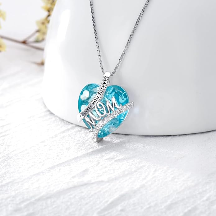 Mothers Day Gifts for Mom s925 Sterling Silver I Love You Forever Love Hear Mon Pendant Necklace with 12 Birthstone Jewelry Birthday Christmas Gifts for Women Grandma Mom Nana From Duaghter Son