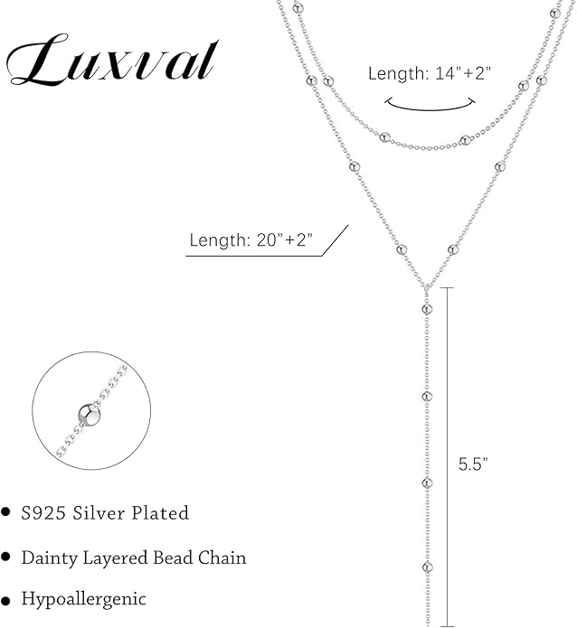 Luxval Lariat Silver Necklace for Women, Dainty Long Necklace Silver Y-Shaped Pendant Necklaces Trendy Beaded Chain Drop Necklaces Jewelry for Women Gifts