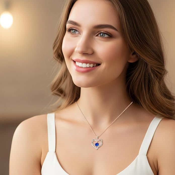 Birthstone Heart Necklace for Women Wife Girlfriend Mom Daughter Gifts S925 Silver Jewelry For Anniversary Rose Gold Gifts For Birthday Christmas Mothers Valentines Day