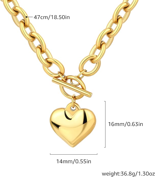 Chunky Gold Necklace for Women, 18K Waterproof Heart Necklace Statement Necklace Gold Charm Necklace Chunky Jewelry Paperclip Chain Choker Gift for Women