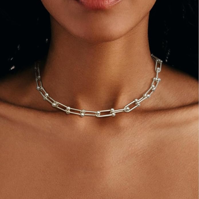 Choker Necklace for Women Men Trendy | Sterling Silver Plated Necklace 14K Gold Plated Chunky Necklaces Thick Cuban Link Chain Hypoallergenic Statement Paperclip Necklace Punk Fashion Jewelry