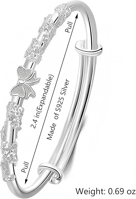 S925 Silver Bangle Bracelet for Women, Elegant Women‘s Sterling Silver Bracelet Bangle Adjustable 6.4-7.8 inches Small Size