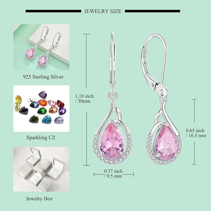 Starchenie Teardrop Dangle Drop Earrings 925 Sterling Silver Pear Birthstones Leverback Earrings Gift for Women