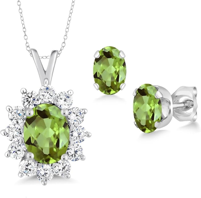 Gem Stone King 8X6MM and 6X4MM Oval Gemstone Birthstone Pendant and Earrings Jewelry Set For Women | 925 Sterling Silver | Fine Jewelry Gifts for Her Mom Women Wife | With 18 Inch Chain