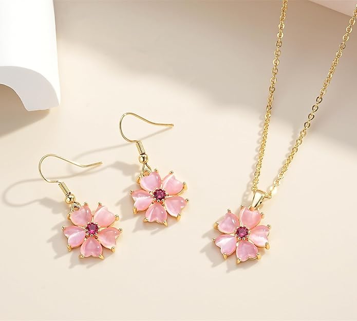 VONSSY Elegant Cherry Blossom Necklace Earrings Pink Cats Eye Flower Flora Sakura Gemstone Crystal Pendant 18k Gold Plated Chain Jewelry Set Gift for Woman Wife Girlfriend