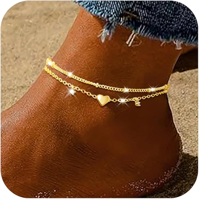 Sterling Silver Anklet Bracelets for Women Waterproof, 925 Sliver Plated CZ & Heart Charm Dainty Layer Anklets for Women Trendy, Simple Chain Anklets Set Gifts for Women, Jewelry Gifts for Her Women Mom Wife Girlfriend
