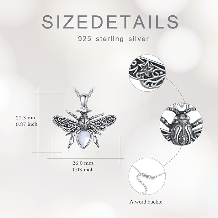 Bee Moonstone Necklace, 925 Sterling Silver Vintage Pendant with Natural Gemstone, Boho Hypoallergenic Jewelry Gift for Her