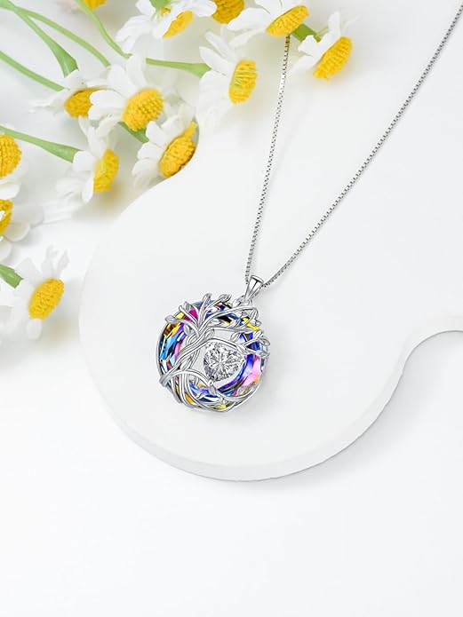 TOUPOP Christmas Gifts Tree of Life Birthstone Necklace 925 Sterling Silver Pendant Austrian Crystal Jewelry Anniversary Birthday Gifts for Women Mom Her Wife