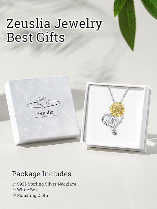 Zeuslia Double Birthstone Necklace Gifts for Wife - 925 Sterling Silver Sunflower/Rose/Crown Cross/Compass/Heart Pendant I Love You Necklace, Anniversary Birthday Gifts for Wife Girlfriend Mom Her