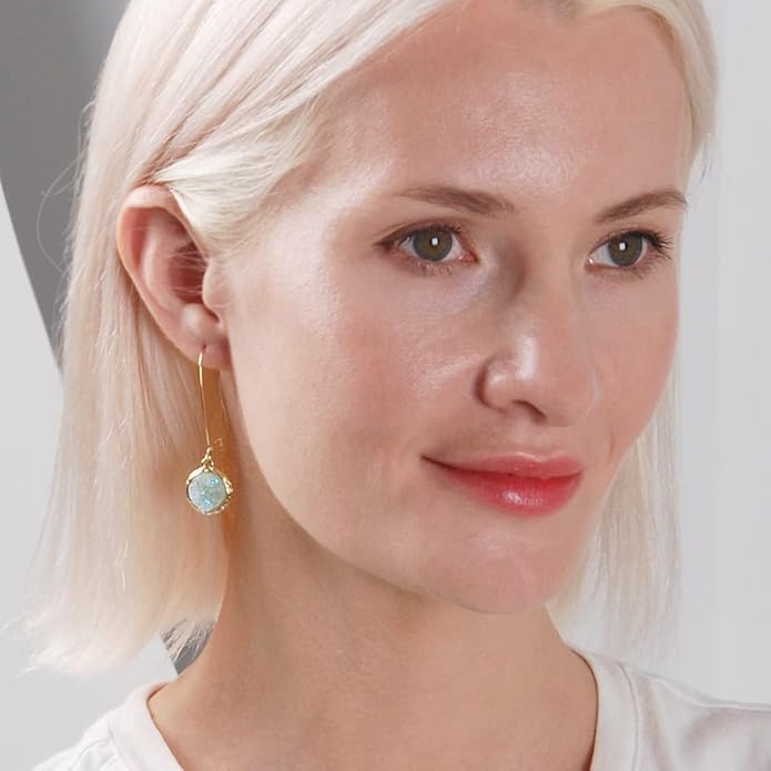 Simulated Druzy Threader Drop Earrings for Women - Gold, Silver, or Rose Gold Tone Trendy Boho Dangles with Sparkly Round Stone