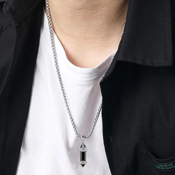 Tiaxiemo Viking Necklace for Men 925 Sterling Silver Obsidian Celtic Knot Necklace Norse Jewelry Gifts for Men