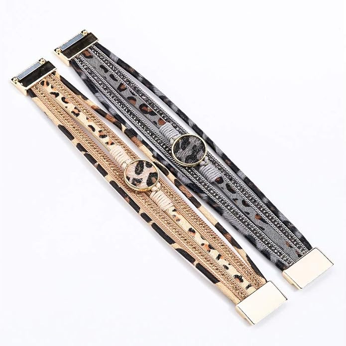 Fesciory Leopard Bracelet for Women, Boho Leather Wrap Multi-Layer Pearl Crystal Bracelet Bangle Jewelry