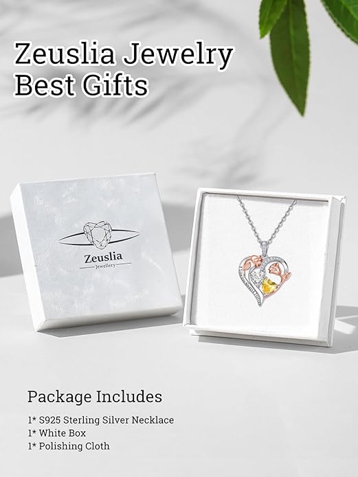 Zeuslia Double Birthstone Necklace Gifts for Wife - 925 Sterling Silver Sunflower/Rose/Crown Cross/Compass/Heart Pendant I Love You Necklace, Anniversary Birthday Gifts for Wife Girlfriend Mom Her