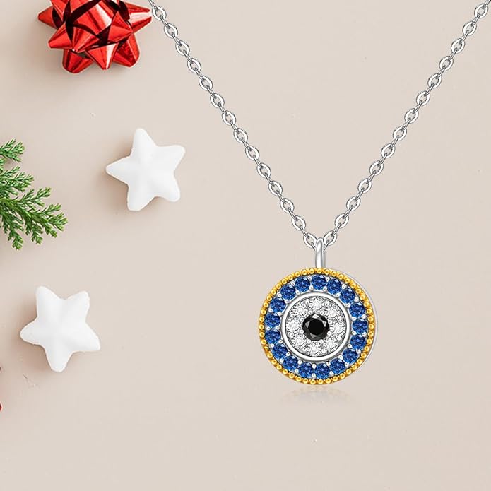 Evil Eye Necklace for Women Sterling Silver Greek Turkish Blue Evil Eye Pendant Necklace Jewelry Lucky Christmas Gifts