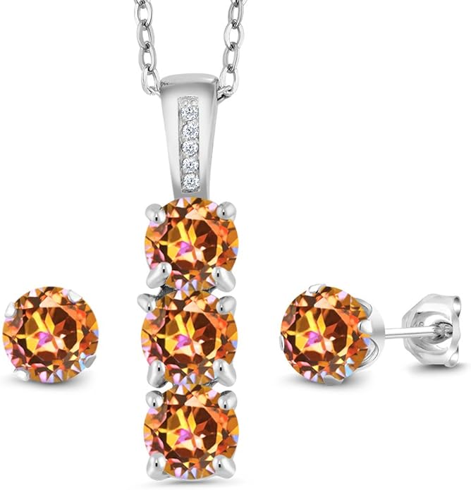Gem Stone King 925 Sterling Silver 5MM Gemstone Birthstone and White Diamond 3-Stone Pendant and Earrings Jewelry Set For Women | With 18 Inch Chain