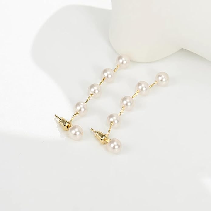 Long Pearl Earrings for Women 18K Gold Plated Hypoallergenic Lightweight Pearl Dangle Drop Earrings for Wedding Elegant Jewelry for Bridal Christmas Gift