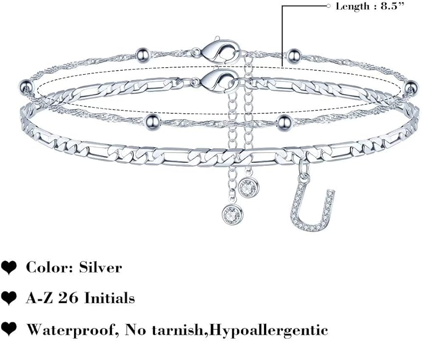 Ursteel Ankle Bracelets for Women, 14K Gold Plated Dainty Layered Chain CZ Initial Anklets Summer Jewelry Gifts for Women