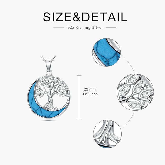 SELKAT 925 Sterling Silver Turquoise Moon Pendant Necklace for Women, Snake/Flower/Bow/Tree of Life/Star Moon Necklace, Dainty Jewelry for Daily Wear & Gifts