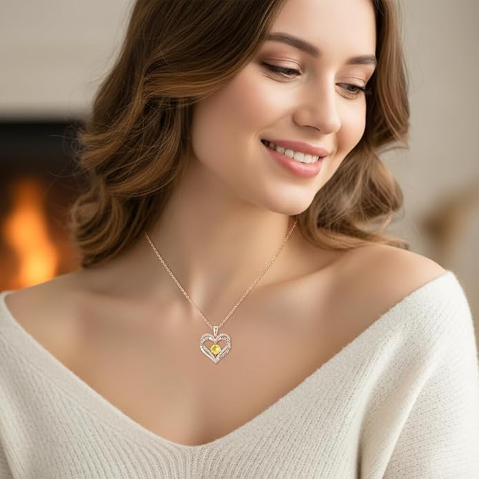 Birthstone Heart Necklace for Women Wife Girlfriend Mom Daughter Gifts S925 Silver Jewelry For Anniversary Rose Gold Gifts For Birthday Christmas Mothers Valentines Day