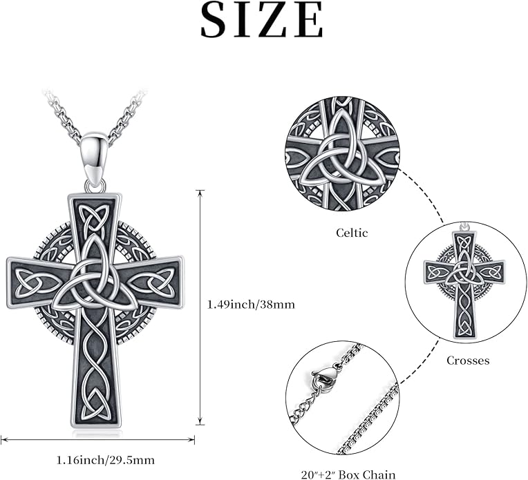 Midir&Etain Celtic Cross Necklace 925 Sterling Silver Cross Pendant Necklace Celtic Viking Irish Jewelry Religious Protective Gift for Men Women