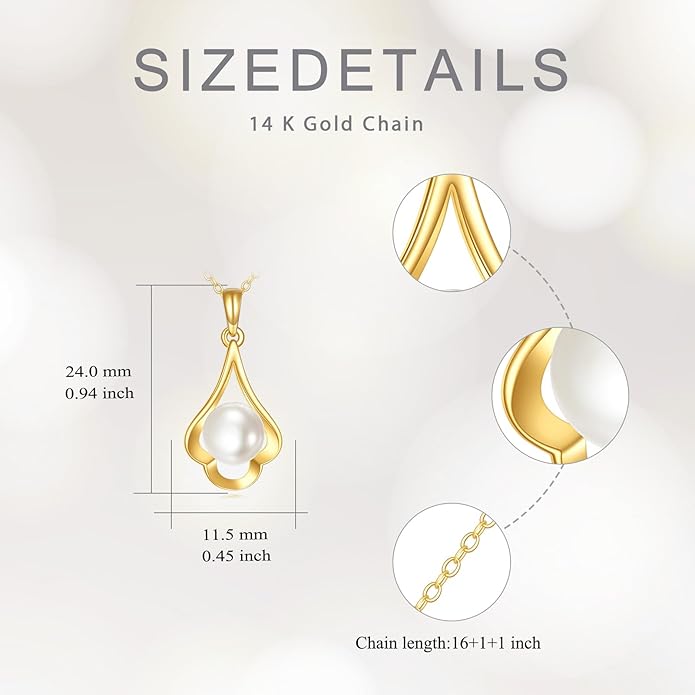 NFYBD 14K Gold Pearl Necklace for Women,Yellow Gold 8mm Freshwater Cultured Pearl Pendant Necklaces Jewelry for Christmas Anniversary Birthday Her Mom Wife 16+1+1 Inch
