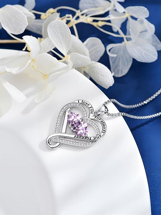 I Love You for Awlays and Forever Double Heart Necklace with Birthstone, 2 Birth Stone Jewelry Anniversary Valentines Mothers Day Christmas Birthday Gifts for Women Her Wife Girlfriend Mom Mother