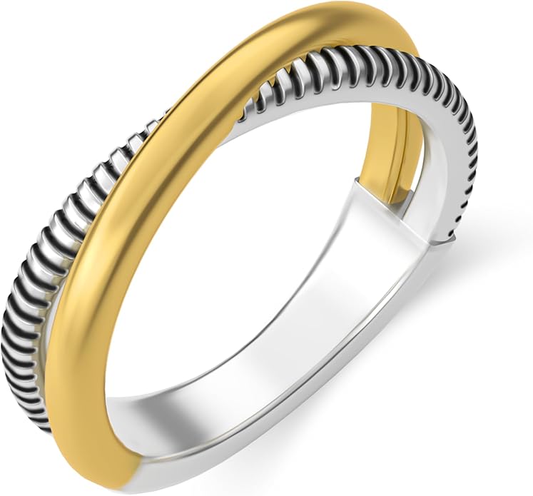 Two-Tone Wide Statement Ring for Women - Gold Silver Crossover Band with Ribbed Texture - Modern Fashion Jewelry Cocktail Ring - Mixed Metal Layered Design