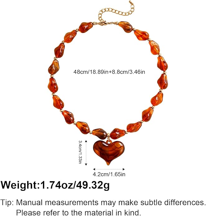 YUJIE Chunky Heart Penadnt Necklace for Women- Exaggerated Statement Puff Heart Necklace with Acrylic Beaded Chain