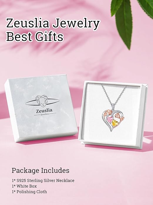 Zeuslia Double Birthstone Necklace Gifts for Wife - 925 Sterling Silver Sunflower/Rose/Crown Cross/Compass/Heart Pendant I Love You Necklace, Anniversary Birthday Gifts for Wife Girlfriend Mom Her