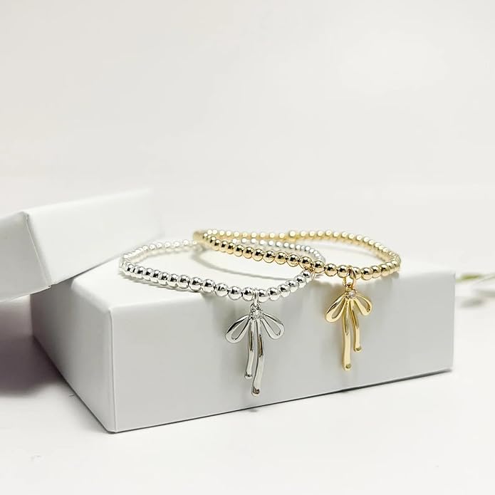 Beads Bow Charm Bracelet for Women Flower Vintage Bracelet Handmade Stretch Beaded Dainty Romantic Jewelry Gifts