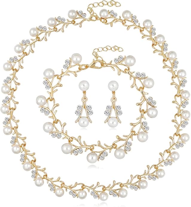 Rrdaily Rhinestone Pearl Wedding Jewelry Set for Bride Bridesmaid Bohemia Adjustable Beaded Crystal Bracelet Necklace Exaggerated Pearl Earring Set for Women