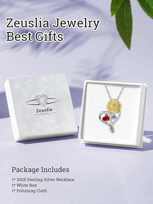 Zeuslia Double Birthstone Necklace Gifts for Wife - 925 Sterling Silver Sunflower/Rose/Crown Cross/Compass/Heart Pendant I Love You Necklace, Anniversary Birthday Gifts for Wife Girlfriend Mom Her