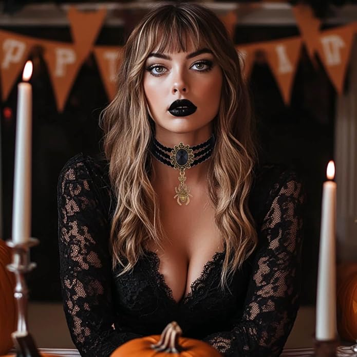 Gothic Black Choker Necklace Velvet Layered Necklace Black Crystal Collar Necklace Halloween Chokers for Women