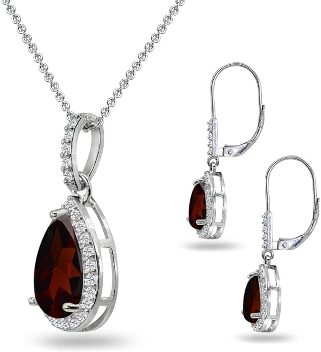 Jewelry Sets for Women, Necklace and Earring Sets for Women, Birthstone Jewelry, Genuine or Synthetic Gemstones, Teardrop Necklace and Dangle Earrings, Pendant Necklace, Sterling Silver Jewelry