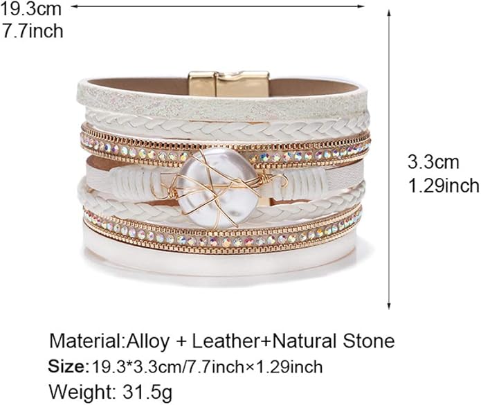 Fesciory Leopard Bracelet for Women, Boho Leather Wrap Multi-Layer Pearl Crystal Bracelet Bangle Jewelry